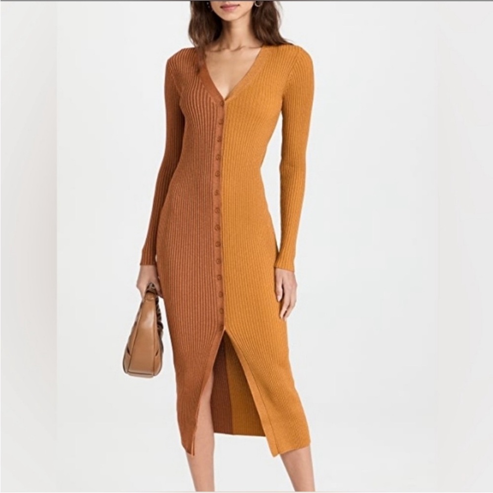 STAUD Ribbed Button-Front Midi Dress in Rust
